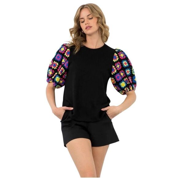 THML James Crochet Short Puff Sleeve Top. Size Large. Anthro. Grandmacore - Picture 1 of 12